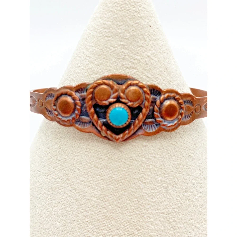 Vintage Bell Trading Post Copper Turquoise Child Cuff Bracelet Heart Southwest